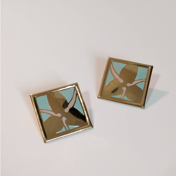 Vintage 80s Statement Earrings Large Gold Tone Metal Enamel Square Signed L Bott - Picture 2 of 7